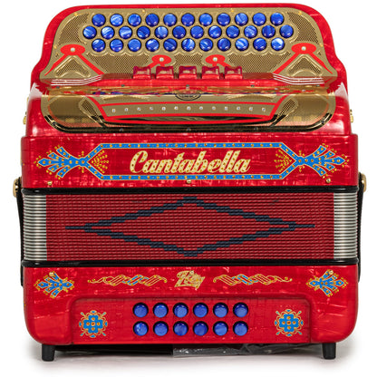 Cantabella Rey II Acordeón 5 Registros Mi Rojo Metallico con Accesorios Dorado y Azul