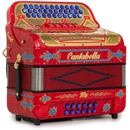 Cantabella Rey II Acordeón 5 Registros Mi Rojo Metallico con Accesorios Dorado y Azul