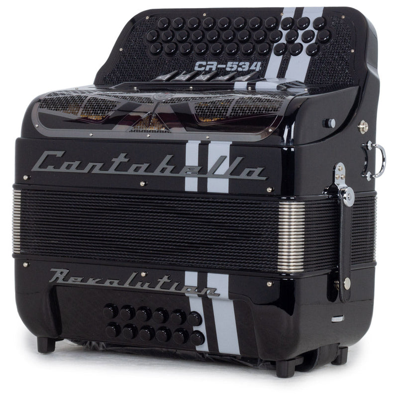 Cantabella Revolution Accordion 5 Switches FBE Glossy Black with White Designs-accordion-Cantabella- Hermes Music