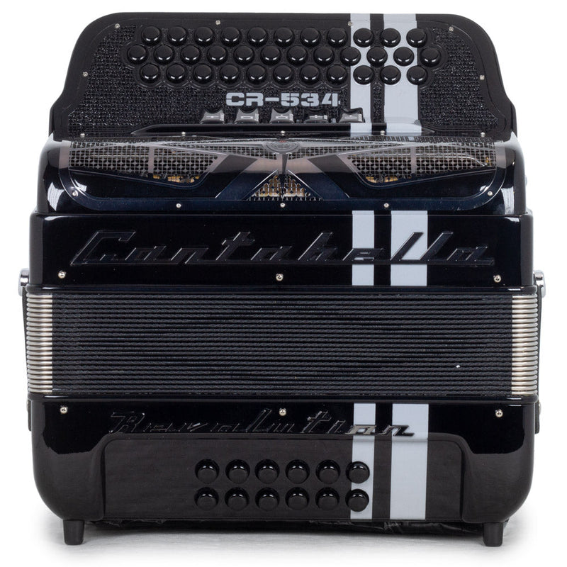 Cantabella Revolution Accordion 5 Switches FBE Glossy Black with White Designs-accordion-Cantabella- Hermes Music