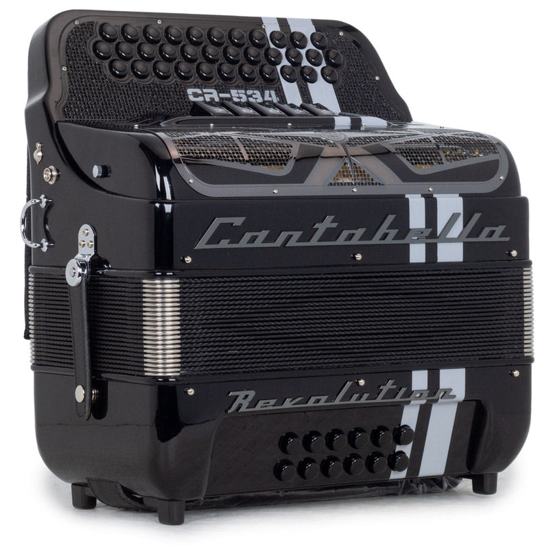 Cantabella Revolution Accordion 5 Switches FBE Glossy Black with White Designs-accordion-Cantabella- Hermes Music