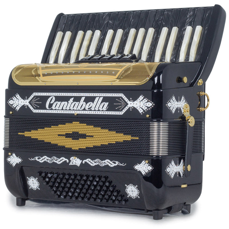 Cantabella Rey Piano Accordion 5 Switches Glossy Black and White with Gold Grill-accordion-Cantabella- Hermes Music