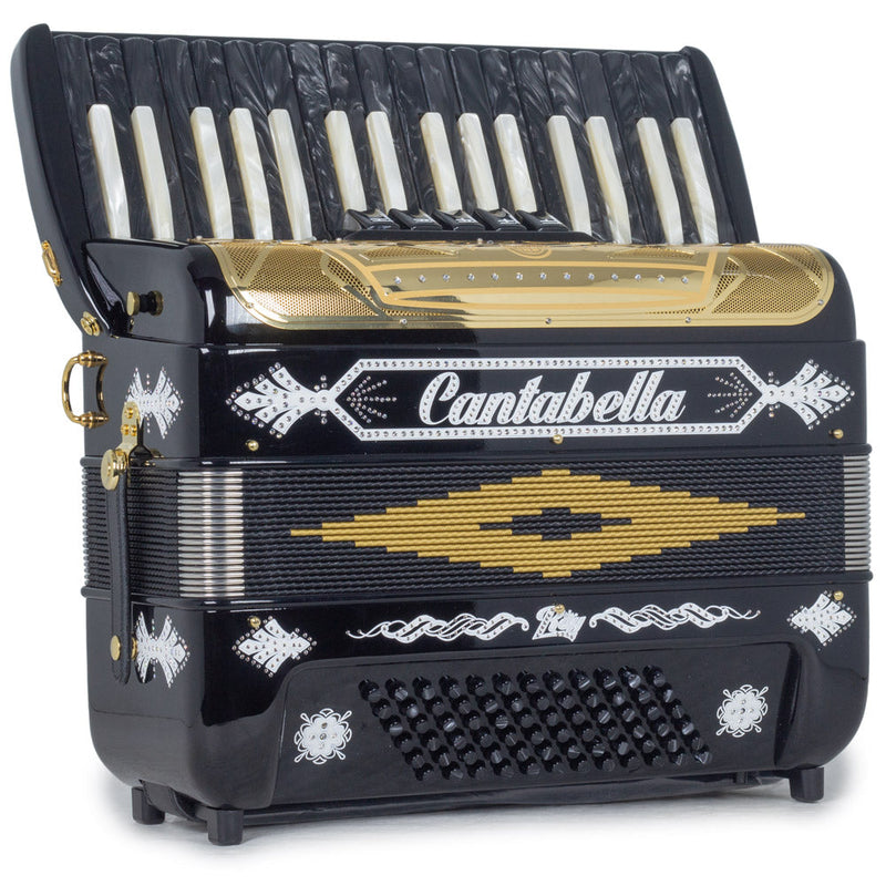 Cantabella Rey Piano Accordion 5 Switches Glossy Black and White with Gold Grill-accordion-Cantabella- Hermes Music