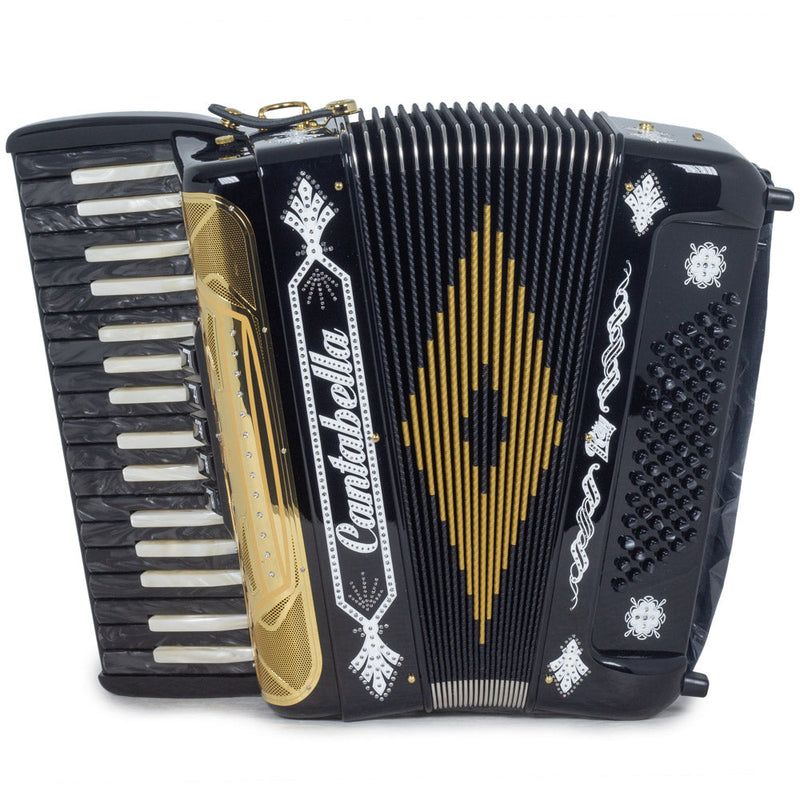 Cantabella Rey Piano Accordion 5 Switches Glossy Black and White with Gold Grill-accordion-Cantabella- Hermes Music