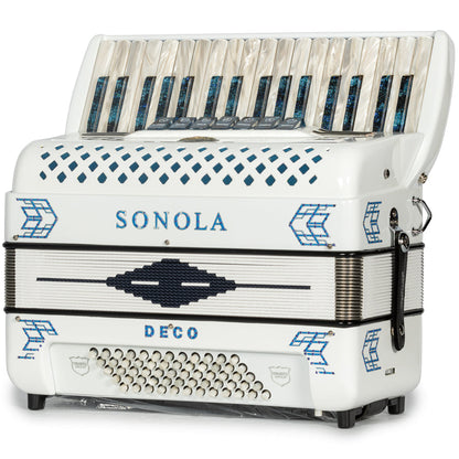 Sonola Deco Piano Accordion 7 Switch White with Blue Hermes Music Accordion Pro Shop