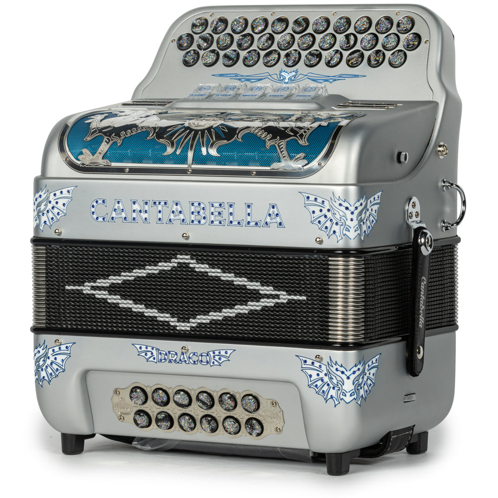 Cantabella Draco Accordion 5 Switch FBE Matte Silver with Blue-Cantabella-Hermes Music-Accordion Pro Shop