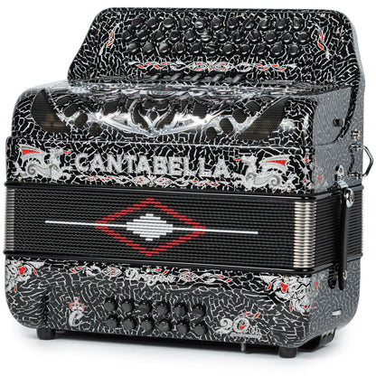 Cantabella Dragón Acordeón 5 Registros Mi Celuloide Negro Agrietado y Plata