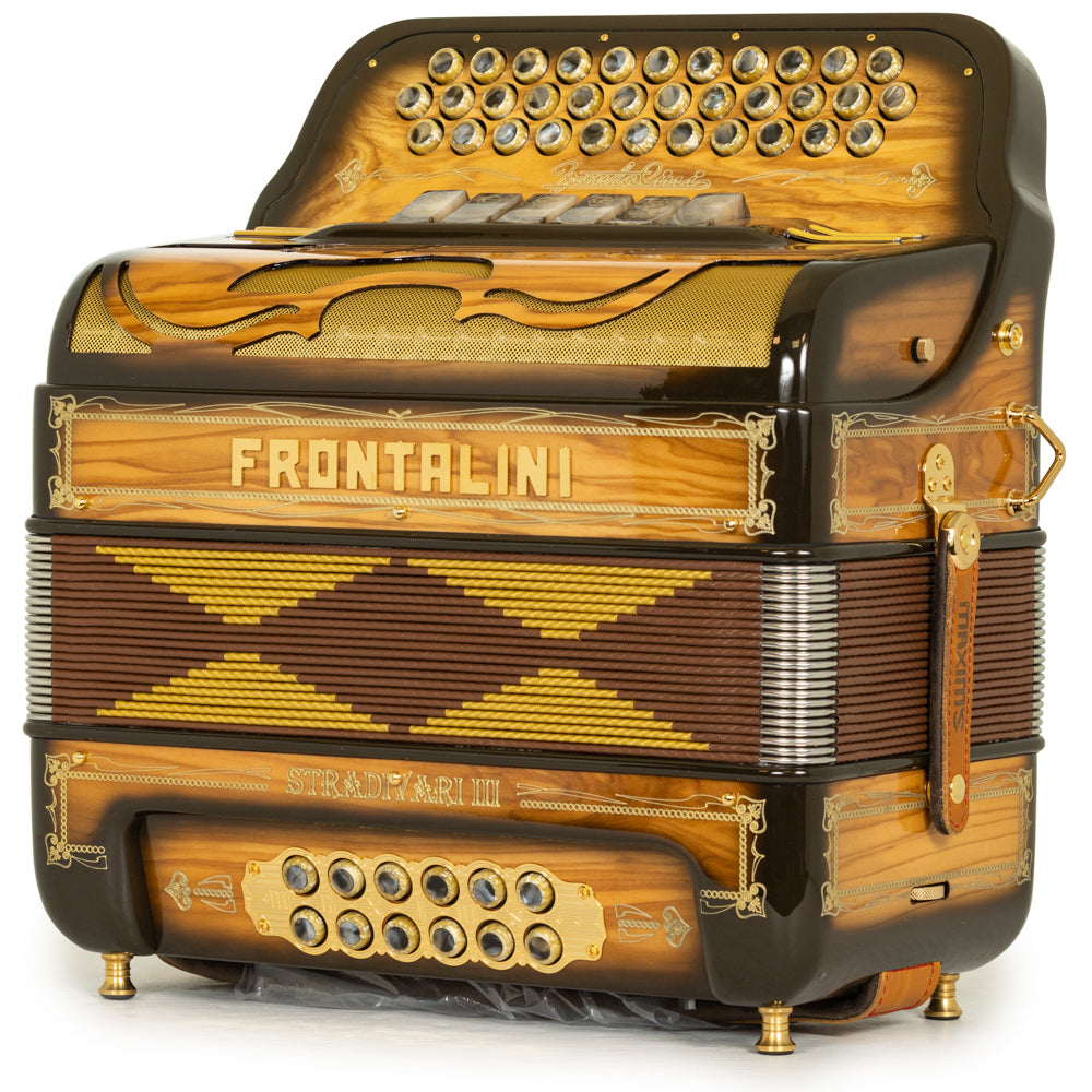 Frontalini Stradivari III Acordeón 6 Registros Fa-Mi Madera Pulida y Oro