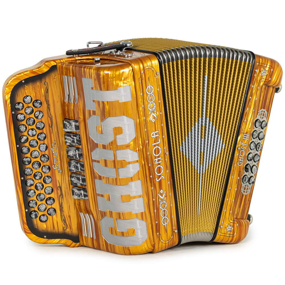 Sonola Ghost III Accordion 6 Switch 2-Tone FBE-GCF Celluloid Golden Wood and White