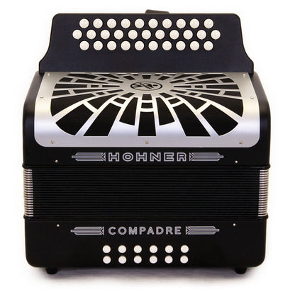 Hohner Compadre Accordion GCF Black with Gray Grill and Cantabella Straps Bundle-accordion-Hermes Music- Hermes Music