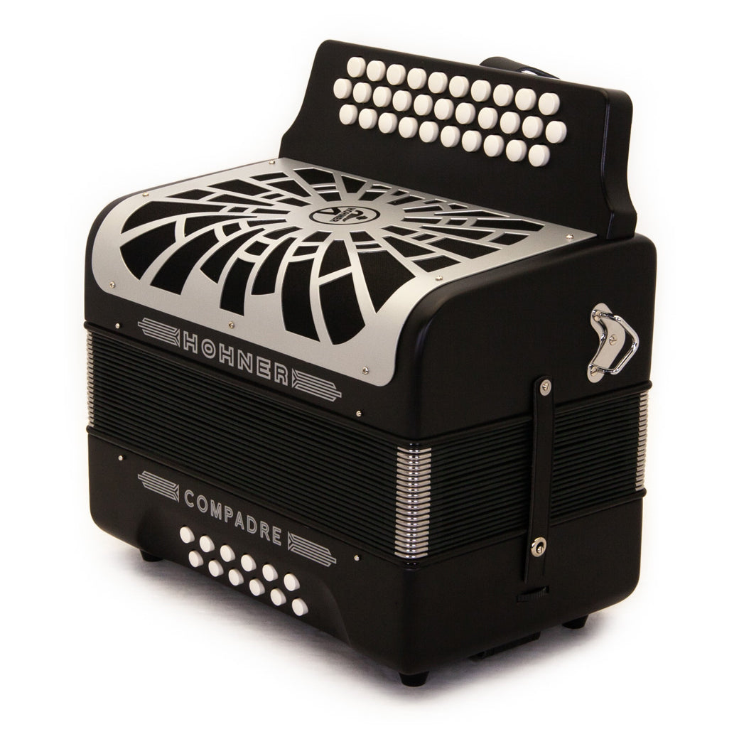 Hohner Compadre Accordion GCF Black with Gray Grill and Cantabella Straps Bundle-accordion-Hermes Music- Hermes Music