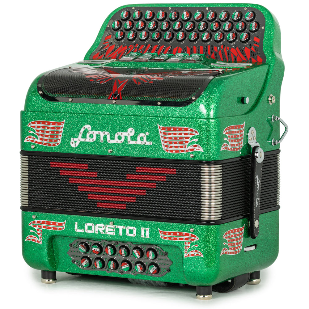 Sonola Loreto II Acordeón 5 Registros Fa Brillo Verde con Rojo Verde y Blanco