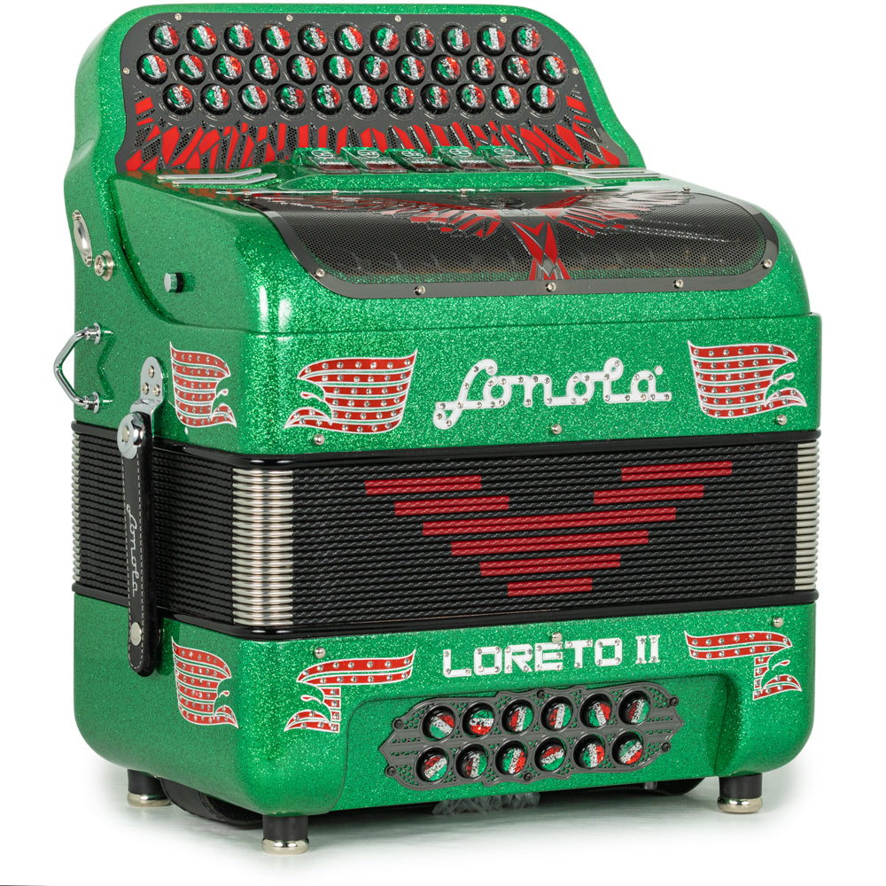 Sonola Loreto II Acordeón 5 Registros Fa Brillo Verde con Rojo Verde y Blanco