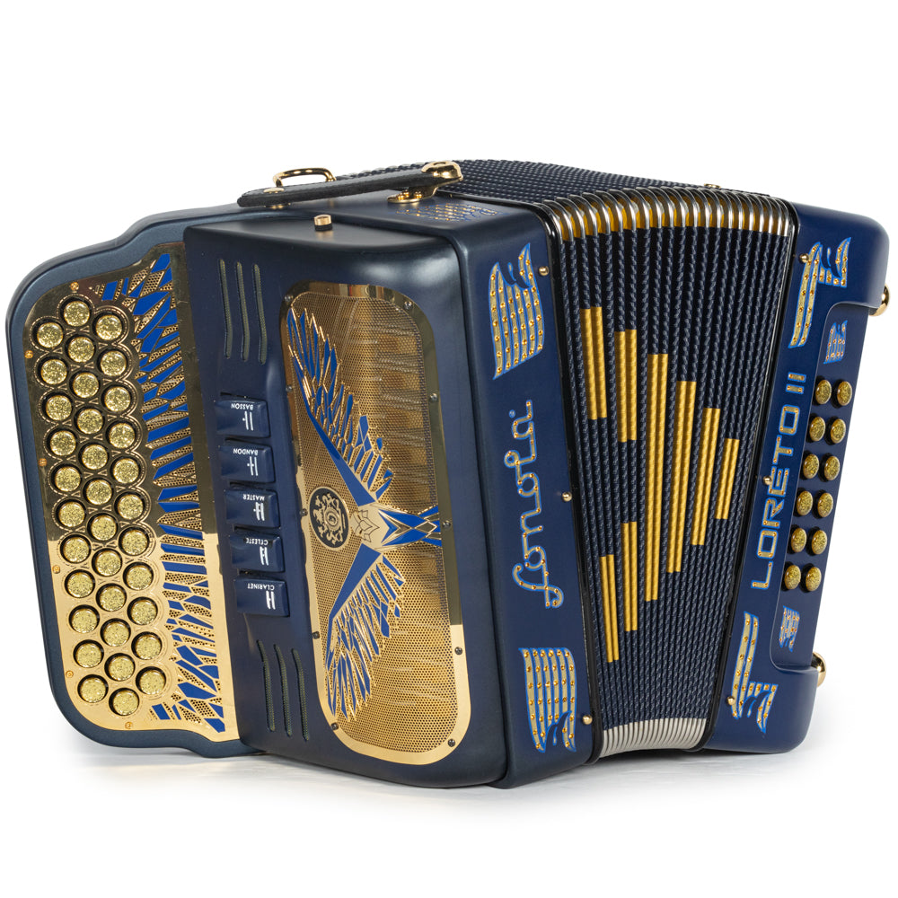 Sonola Loreto II Ultra Compacto Acordeón 5 Registros Mi Azul Oscuro Mate y Oro