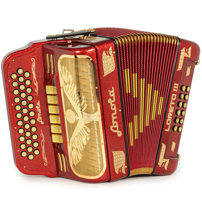 Sonola Loreto III Acordeón 6 Registros FA-MI Brillo Rojo y Dorado