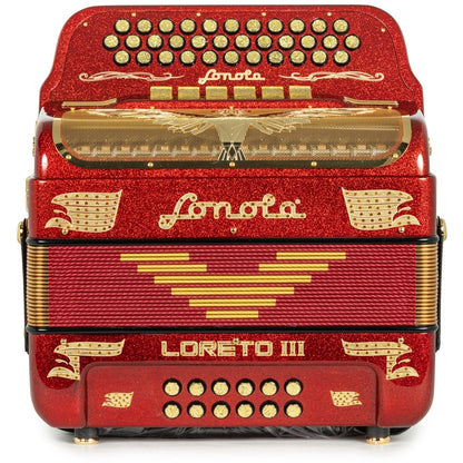 Sonola Loreto III Acordeón 6 Registros FA-MI Brillo Rojo y Dorado