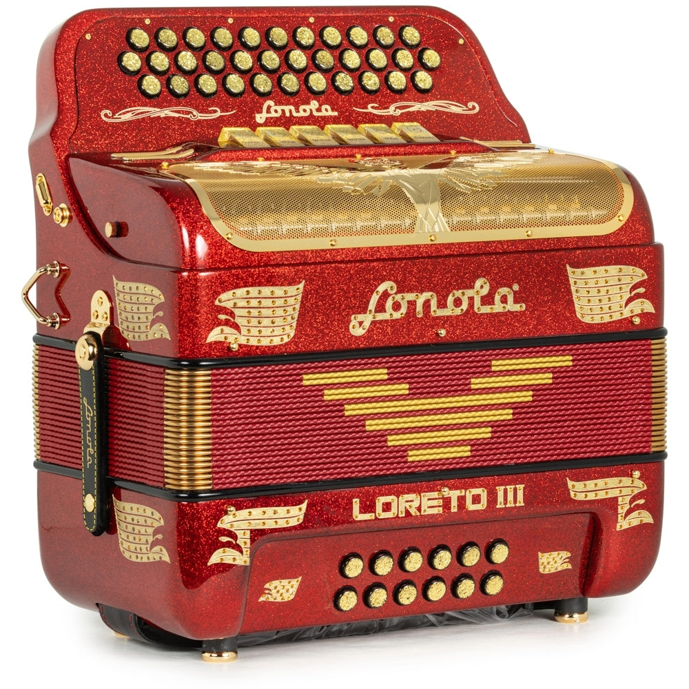 Sonola Loreto III Acordeón 6 Registros FA-MI Brillo Rojo y Dorado