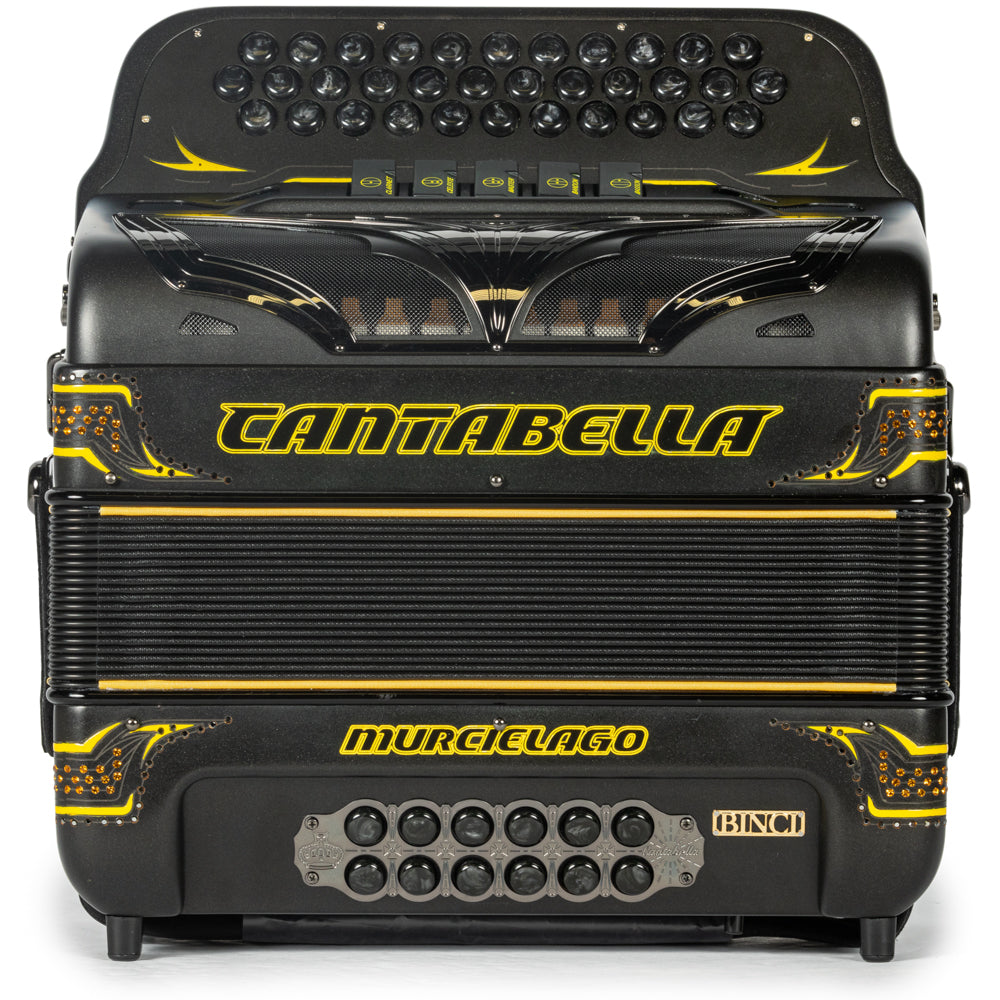 Cantabella Murcielago Accordion 5 Switch FBE Matte Black and Yellow-accordions-Cantabella-Hermes Music-Accordion Pro Shop