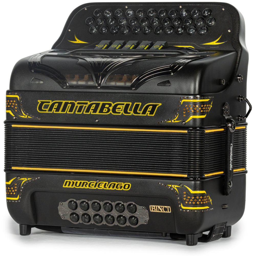 Cantabella Murcielago Accordion 5 Switch FBE Matte Black and Yellow-accordions-Cantabella-Hermes Music-Accordion Pro Shop