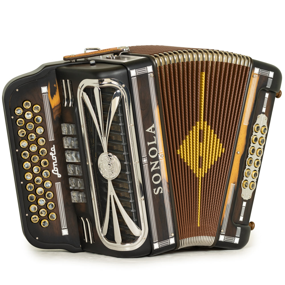 Sonola Mustang III Acordeón 6 Registros Fa-Mi Madera Oscura Pulida y Blanco