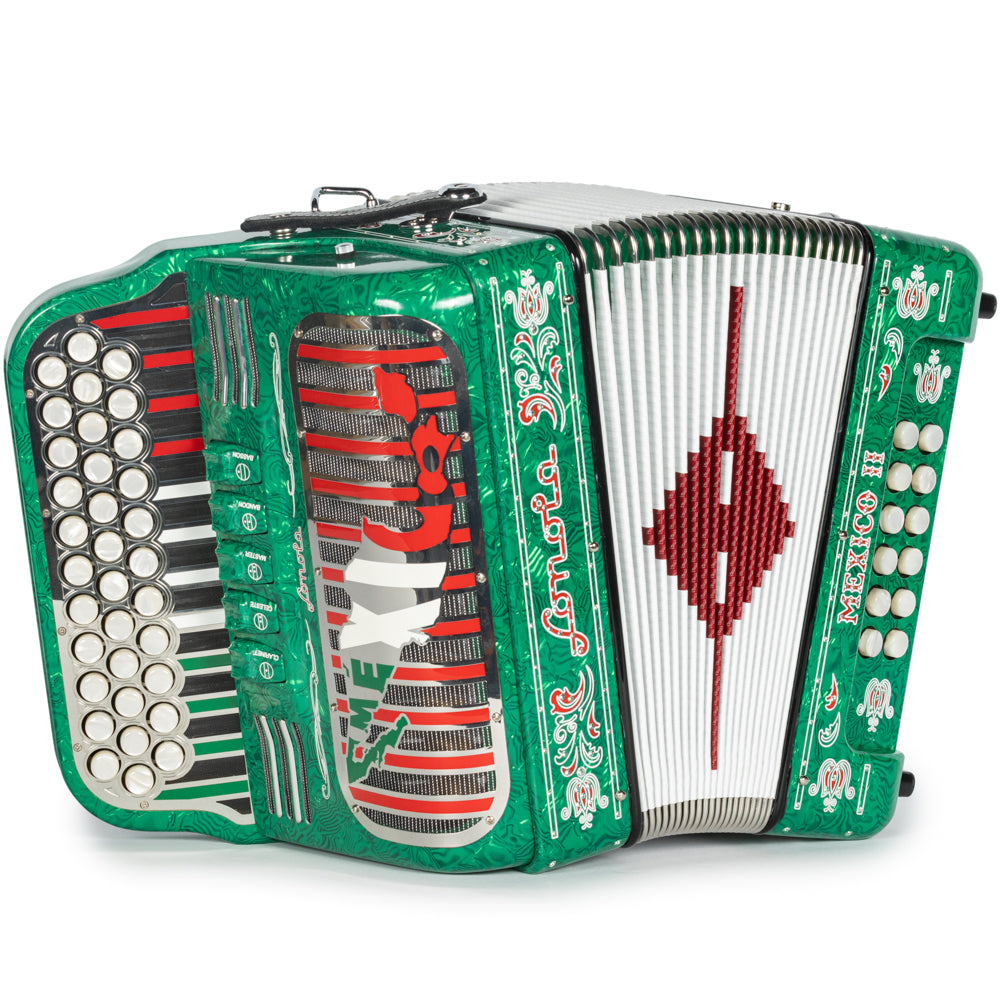 Sonola Mexico II Acordeón Ultra Compacto 5 Registros Sol Ondas Verde con Blanco y Rojo