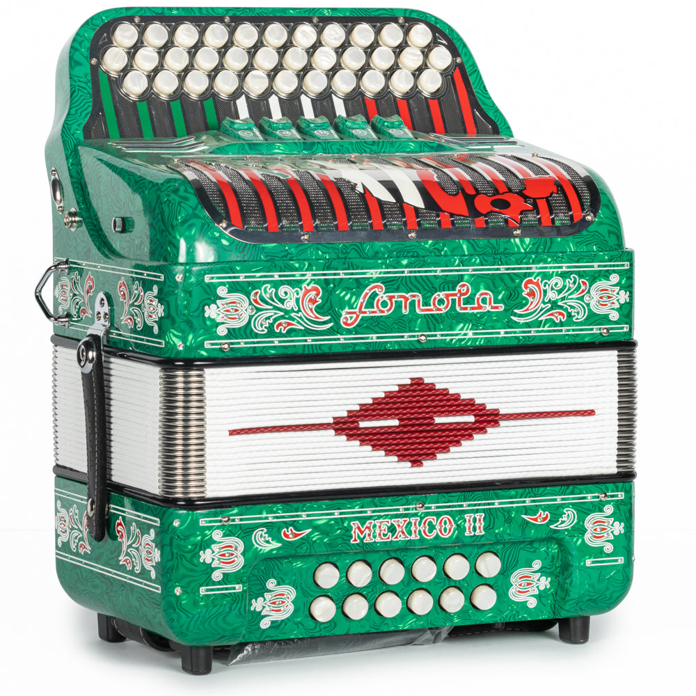 Sonola Mexico II Acordeón Ultra Compacto 5 Registros Sol Ondas Verde con Blanco y Rojo
