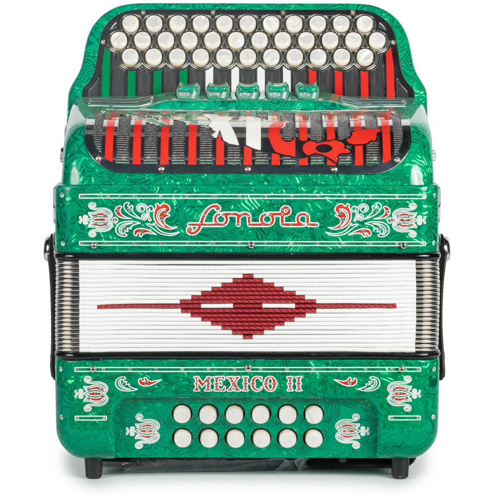 Sonola Mexico II Acordeón Ultra Compacto 5 Registros Sol Ondas Verde con Blanco y Rojo