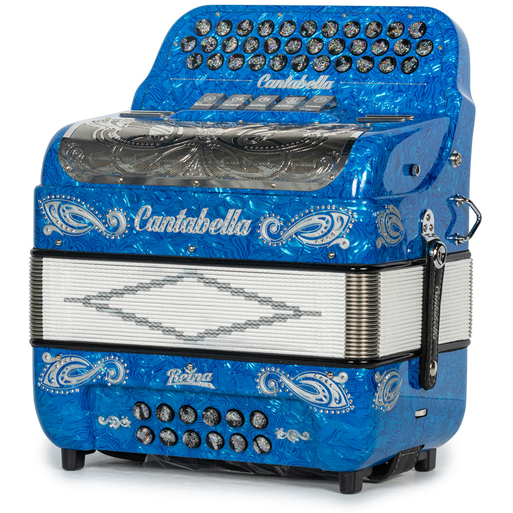Cantabella Reina Acordeón 5 Registros Mi Ondas Azules Negro y Plata con Diapasón Pintado