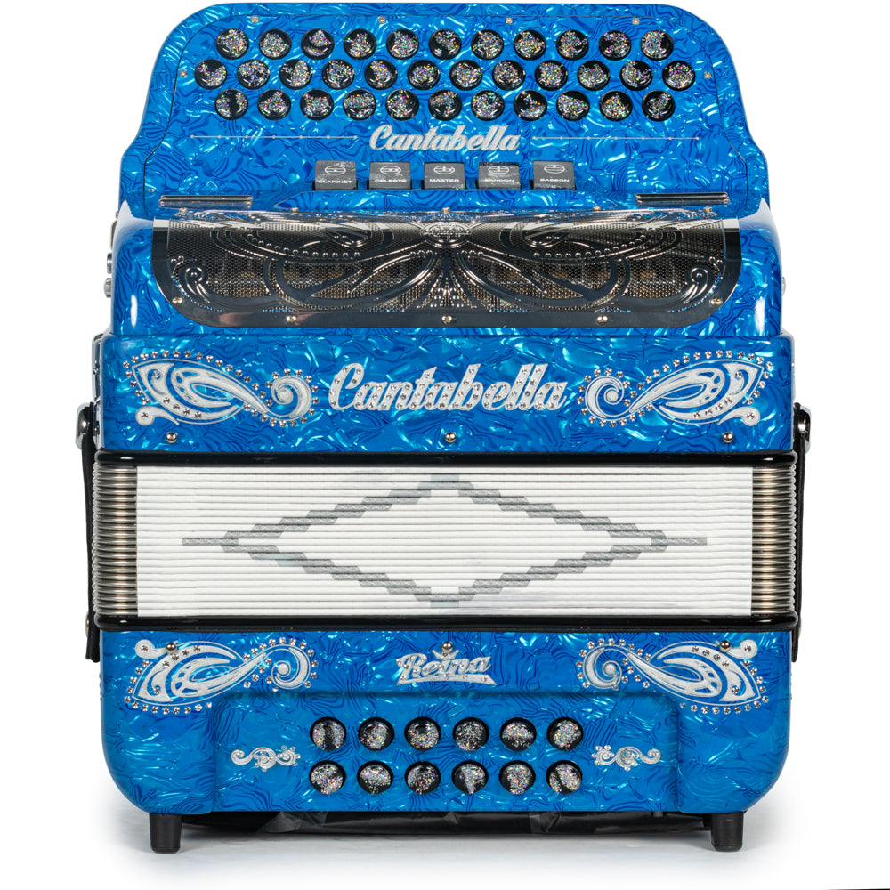 Cantabella Reina Acordeón 5 Registros Mi Ondas Azules Negro y Plata con Diapasón Pintado