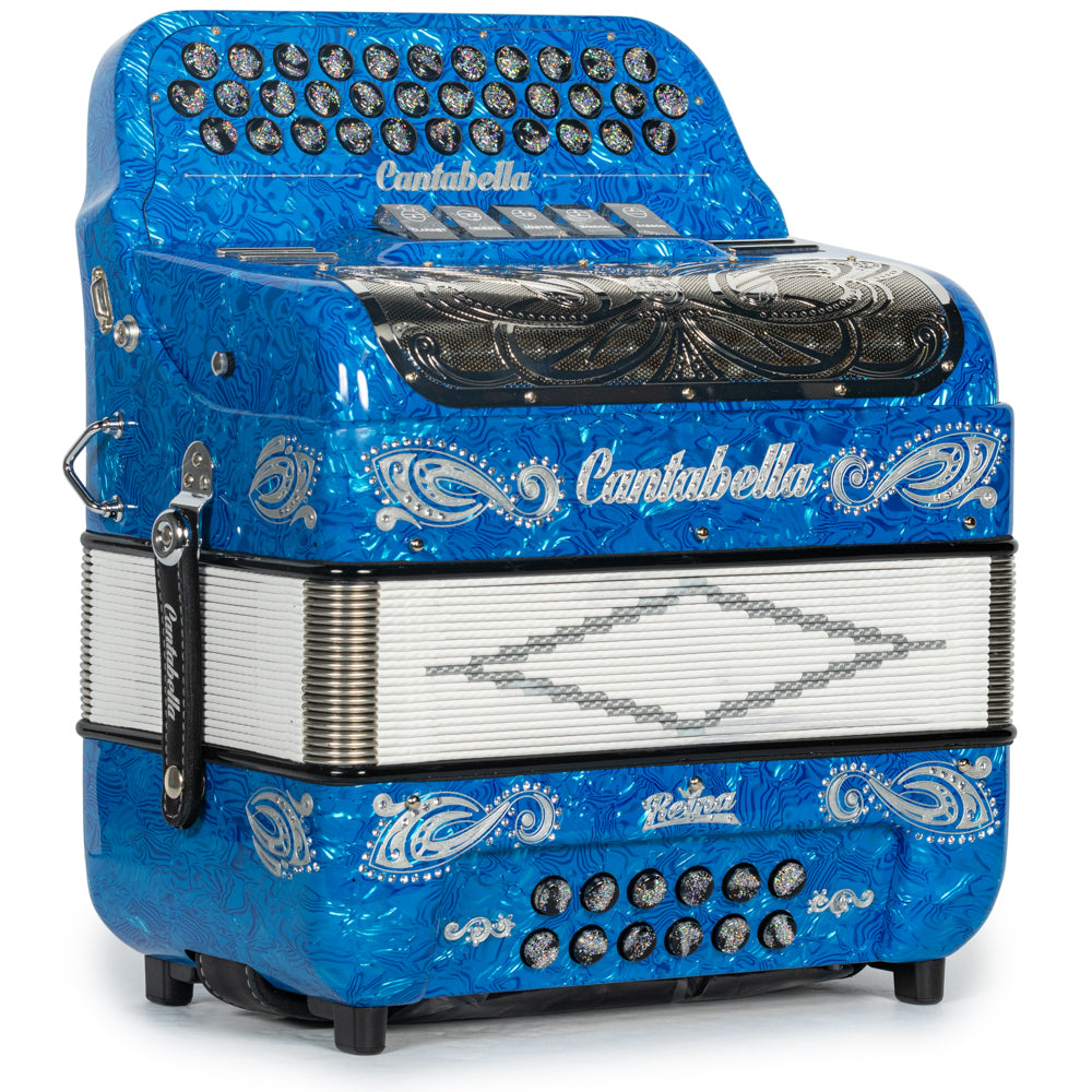 Cantabella Reina Acordeón 5 Registros Mi Ondas Azules Negro y Plata con Diapasón Pintado