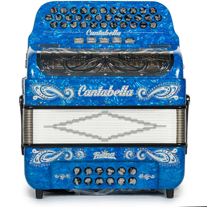 Cantabella Reina Acordeón 5 Registros Sol Ondas Azules Plata y Negro con Diapasón Pintado
