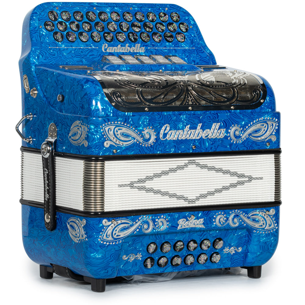 Cantabella Reina Acordeón 5 Registros Sol Ondas Azules Plata y Negro con Diapasón Pintado