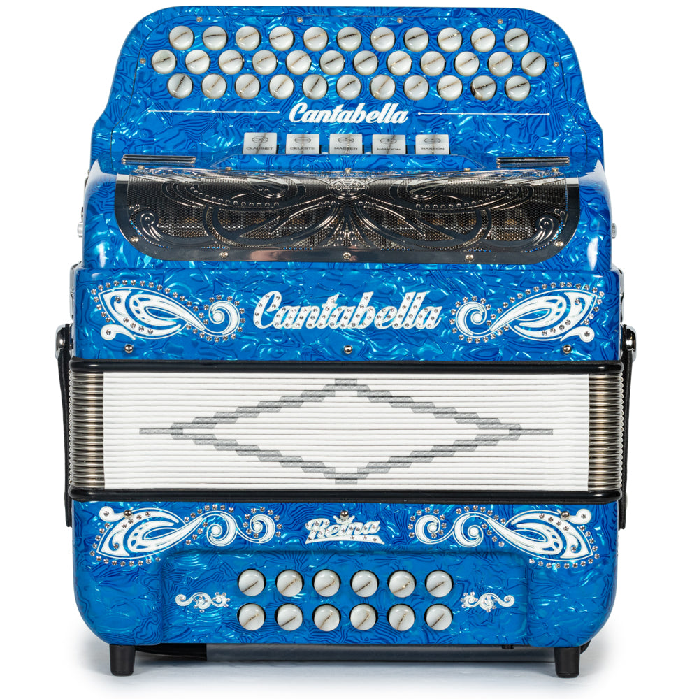 Cantabella Reina Acordeón 5 Registros Fa Ondas Azules Diapasón Pintado y Fuelles Blanco