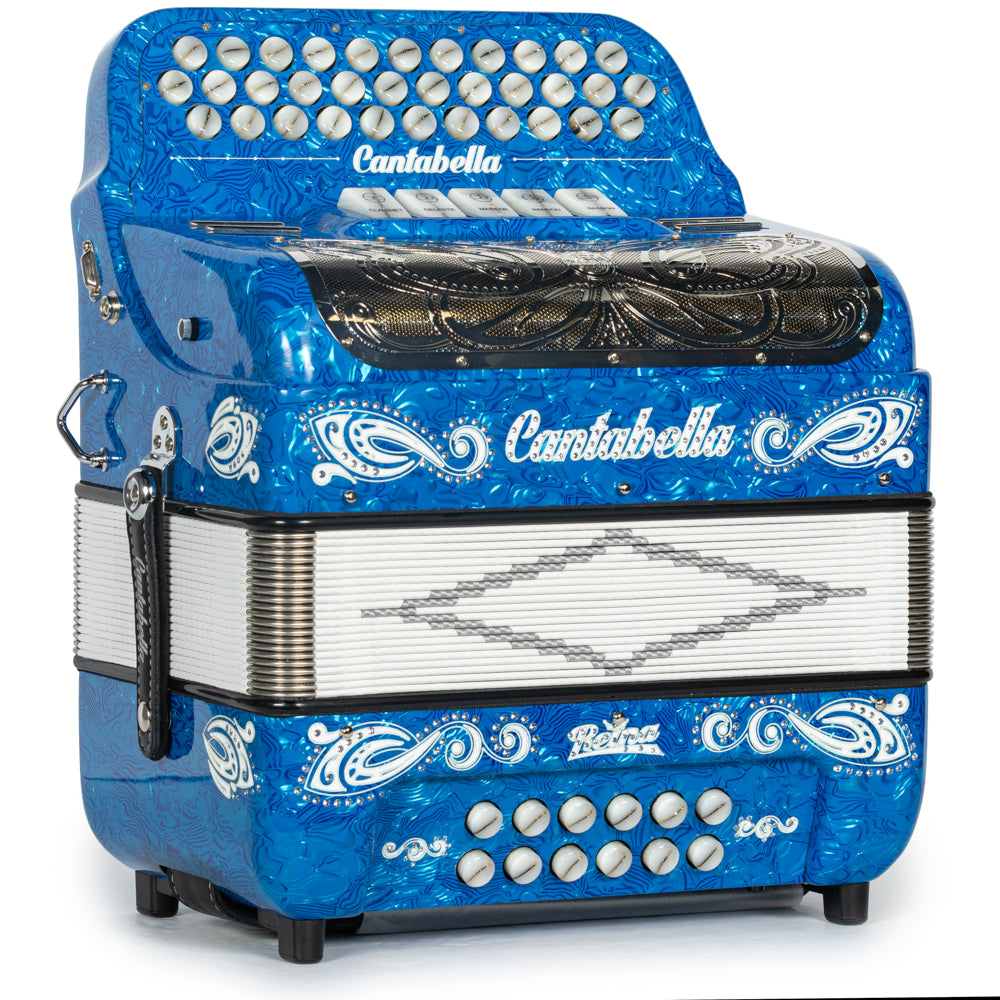 Cantabella Reina Acordeón 5 Registros Fa Ondas Azules Diapasón Pintado y Fuelles Blanco