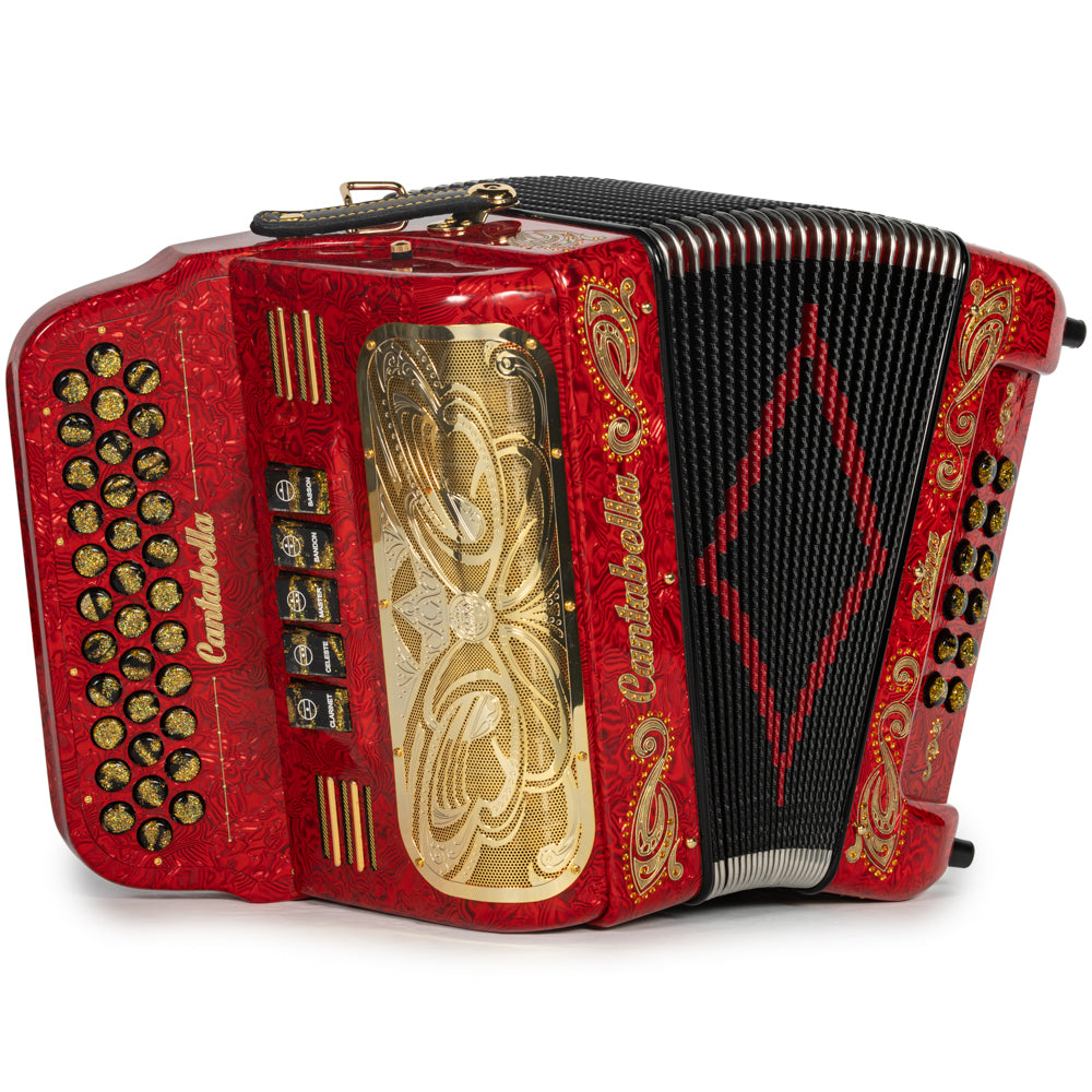 Cantabella Reina Acordeón 5 Registros Mi Ondas Rojo y Dorado con Diapasón Pintado