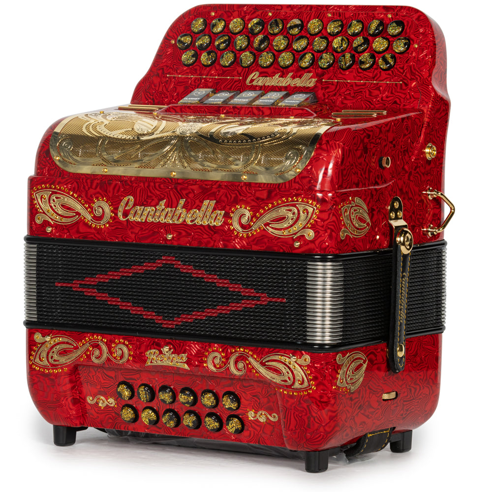 Cantabella Reina Acordeón 5 Registros Mi Ondas Rojo y Dorado con Diapasón Pintado