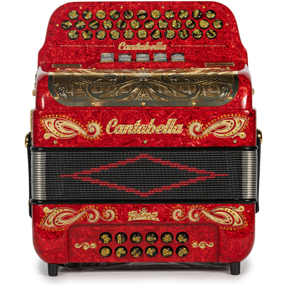 Cantabella Reina Acordeón 5 Registros Mi Ondas Rojo y Dorado con Diapasón Pintado