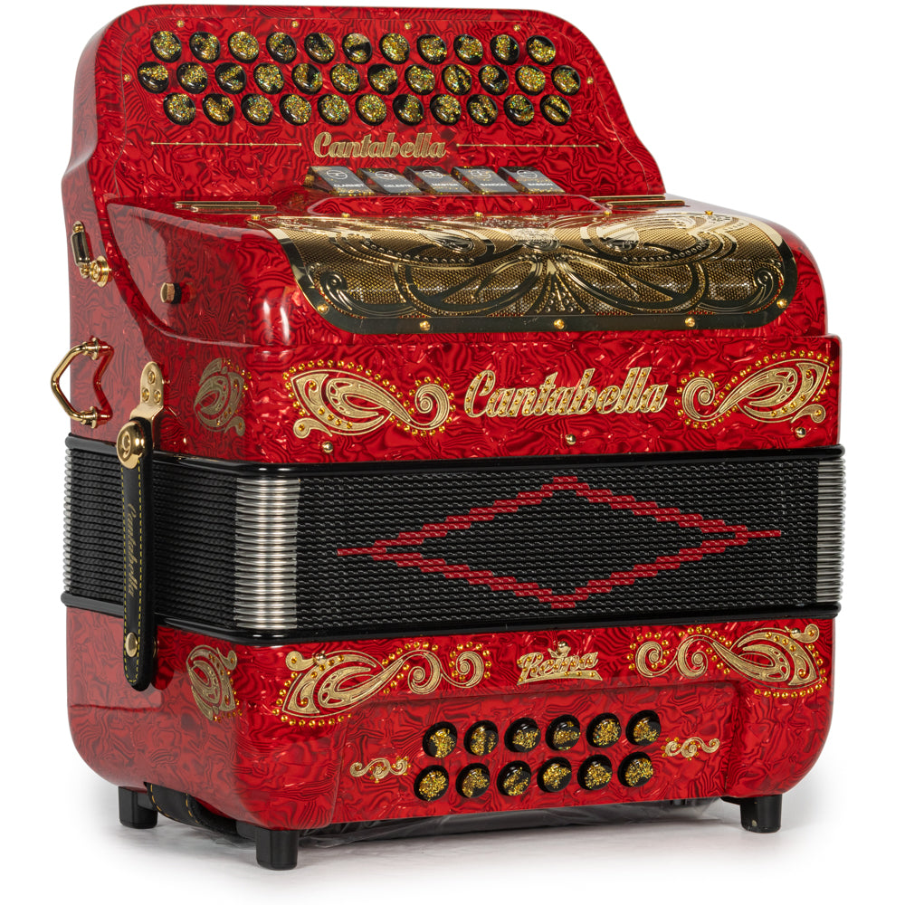 Cantabella Reina Acordeón 5 Registros Mi Ondas Rojo y Dorado con Diapasón Pintado