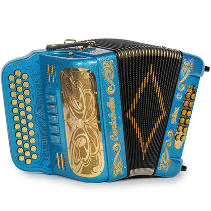 Cantabella Roadmaster Acordeón 5 Registros Mi Brillo Azul Claro y Oro con Diapasón Pintado