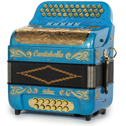 Cantabella Roadmaster Acordeón 5 Registros Mi Brillo Azul Claro y Oro con Diapasón Pintado