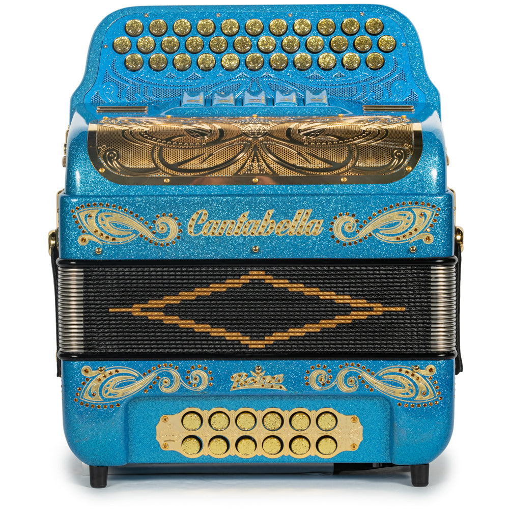 Cantabella Roadmaster Acordeón 5 Registros Mi Brillo Azul Claro y Oro con Diapasón Pintado