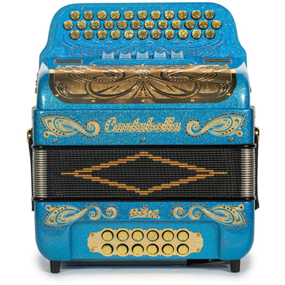 Cantabella Roadmaster Acordeón 5 Registros Mi Brillo Azul Claro y Oro con Diapasón Pintado