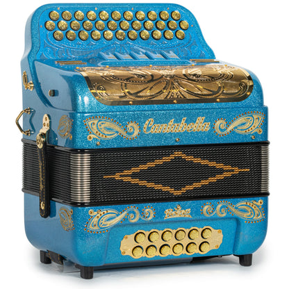 Cantabella Roadmaster Acordeón 5 Registros Mi Brillo Azul Claro y Oro con Diapasón Pintado