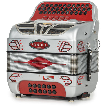 Sonola Retro 5 Switch Accordion FBE with Planet Reeds in Matte Silver with Red-accordion-Sonola-Hermes Music-Accordion Pro Shop