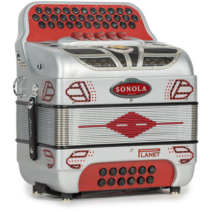 Sonola Retro 5 Switch Accordion FBE with Planet Reeds in Matte Silver with Red-accordion-Sonola-Hermes Music-Accordion Pro Shop