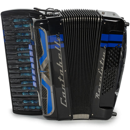 Cantabella Revolution Piano Accordion 7 Switch Glossy Black with Blue Hermes Music Accordion Pro Shop