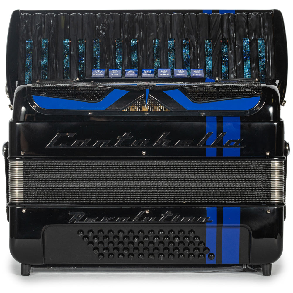 Cantabella Revolution Piano Accordion 7 Switch Glossy Black with Blue Hermes Music Accordion Pro Shop