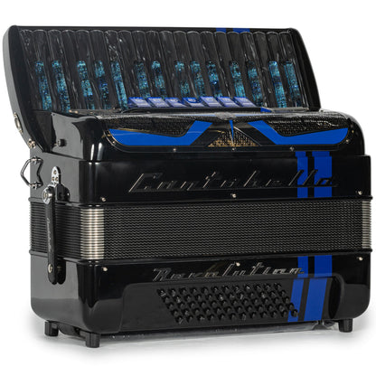 Cantabella Revolution Piano Accordion 7 Switch Glossy Black with Blue Hermes Music Accordion Pro Shop
