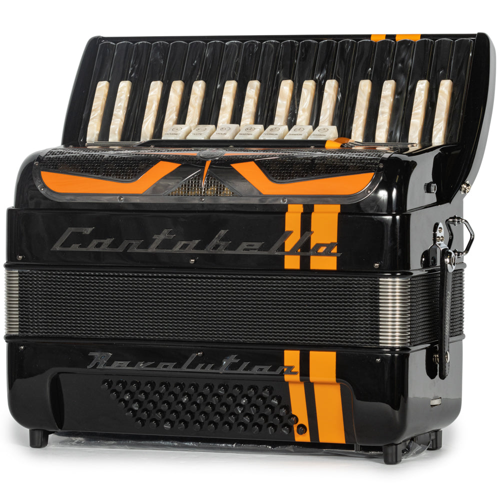 Cantabella Revolution Piano Accordion 7 Switch Glossy Black with Orange Hermes Music Accordion Pro Shop