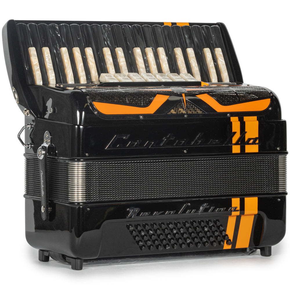 Cantabella Revolution Piano Accordion 7 Switch Glossy Black with Orange Hermes Music Accordion Pro Shop